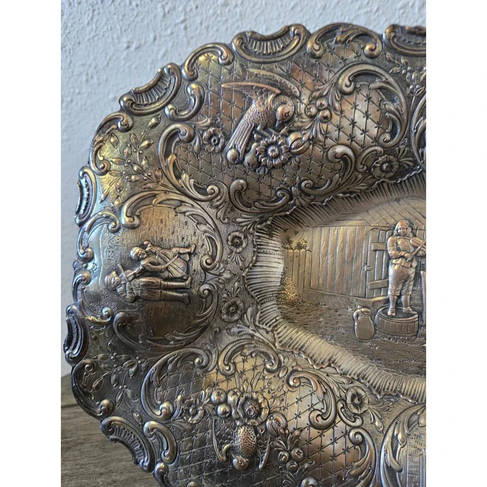 Antique Silver on Copper Dutch Revival Repousse People Tavern Courtyard Bowl